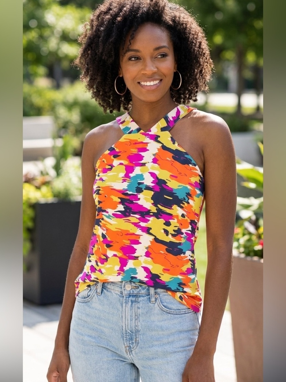 Ellie Kai Art To Wear Halter Tank Top Sz M Stretch Abstract Multicolor Summer
